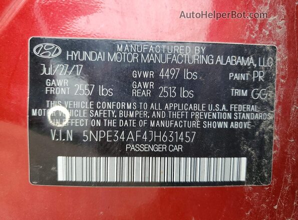5NPE34AF4JH631457 2018 HYUNDAI SONATA Red Вид підкапотного простору