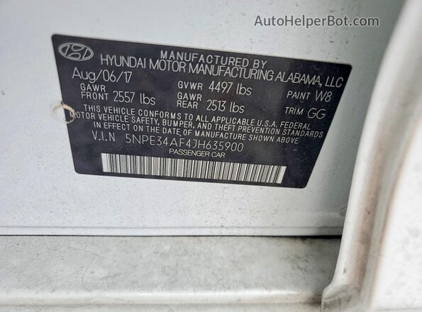 5NPE34AF4JH635900 2018 HYUNDAI SONATA White Вид наклейки з VIN-кодом
