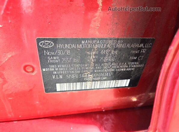 5NPE34AF4KH761417 2019 HYUNDAI SONATA Red Widok komory silnika