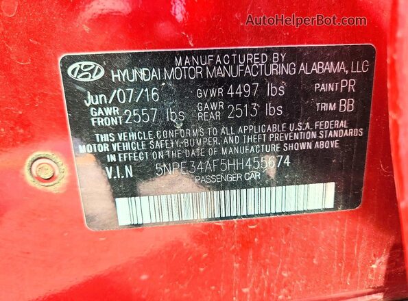 5NPE34AF5HH455674 2017 HYUNDAI SONATA Red Engine compartment view