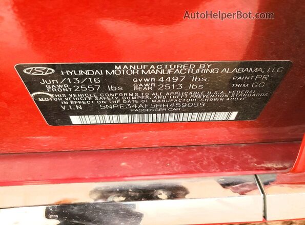 5NPE34AF5HH459059 2017 HYUNDAI SONATA Red Вид підкапотного простору