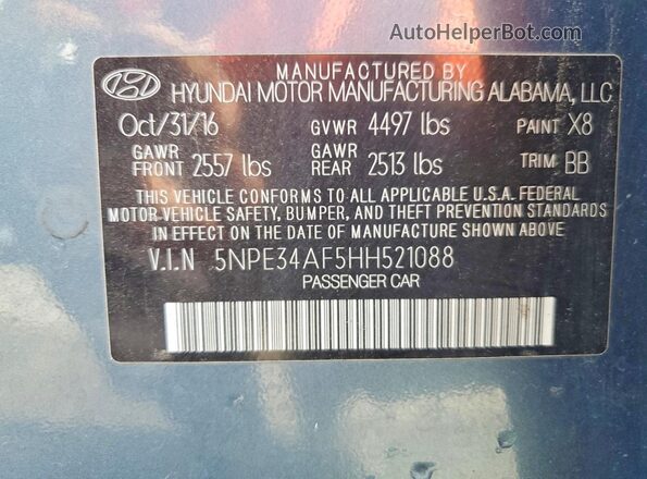 5NPE34AF5HH521088 2017 HYUNDAI SONATA Teal VIN კოდის სტიკერის ხედი