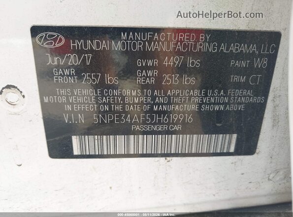 5NPE34AF5JH619916 2018 HYUNDAI SONATA White Շարժիչի բաժամունքի տեսք