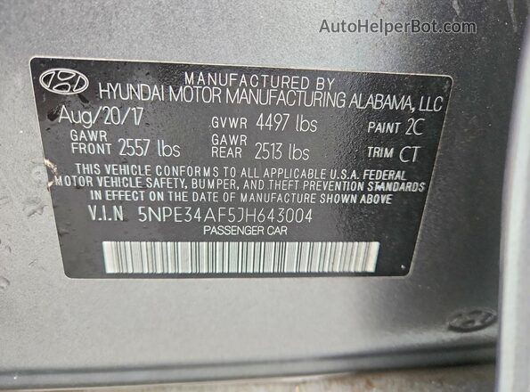 5NPE34AF5JH643004 2018 HYUNDAI SONATA Gray Vista del compartimento del motor