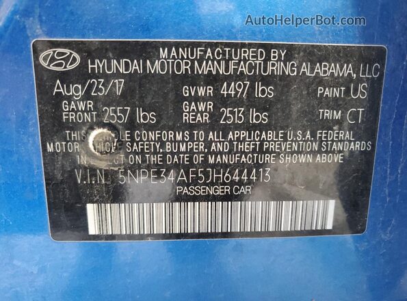 5NPE34AF5JH644413 2018 HYUNDAI SONATA Blue Widok komory silnika