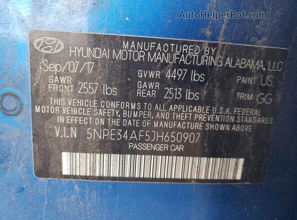 5NPE34AF5JH650907 2018 HYUNDAI SONATA Blue Engine compartment view