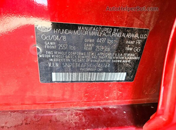 5NPE34AF5KH746764 2019 HYUNDAI SONATA Red Շարժիչի բաժամունքի տեսք