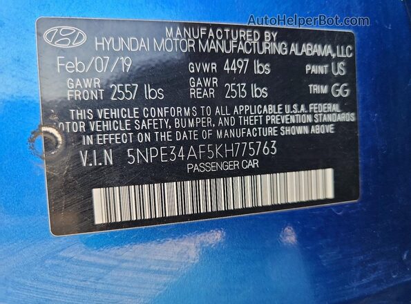 5NPE34AF5KH775763 2019 HYUNDAI SONATA Blue Vista del compartimento del motor