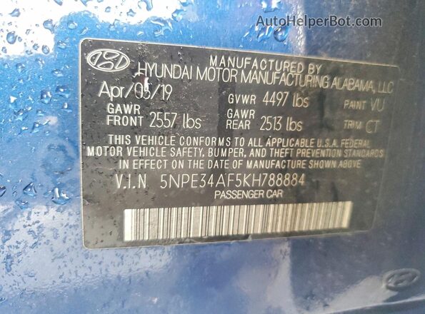 5NPE34AF5KH788884 2019 HYUNDAI SONATA Blue Engine compartment view