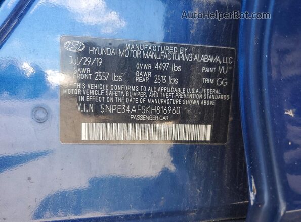 5NPE34AF5KH816960 2019 HYUNDAI SONATA Blue Widok komory silnika