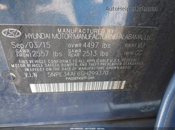 5NPE34AF6GH299370 2016 HYUNDAI SONATA Blue Vista del compartimento del motor