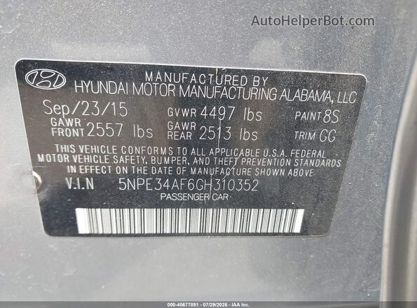 5NPE34AF6GH310352 2016 HYUNDAI SONATA Silver Widok komory silnika