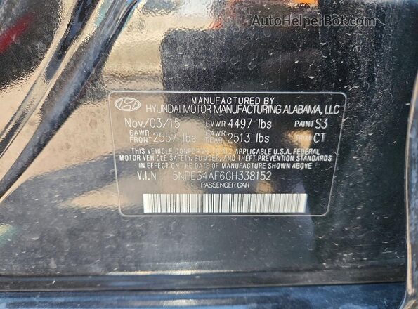 5NPE34AF6GH338152 2016 HYUNDAI SONATA Black ძრავის განყოფილების ხედი