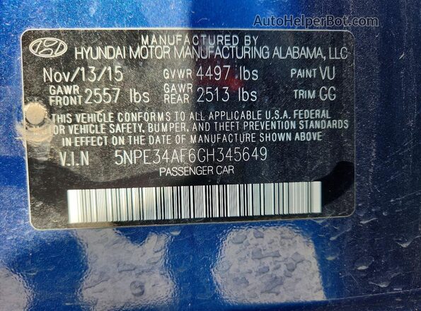 5NPE34AF6GH345649 2016 HYUNDAI SONATA Blue Շարժիչի բաժամունքի տեսք
