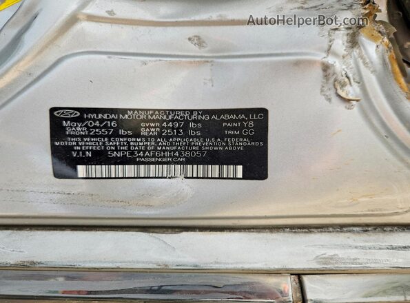 5NPE34AF6HH438057 2017 HYUNDAI SONATA Silver ძრავის განყოფილების ხედი