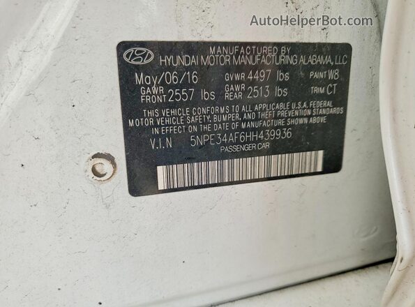 5NPE34AF6HH439936 2017 HYUNDAI SONATA White Вид наклейки з VIN-кодом