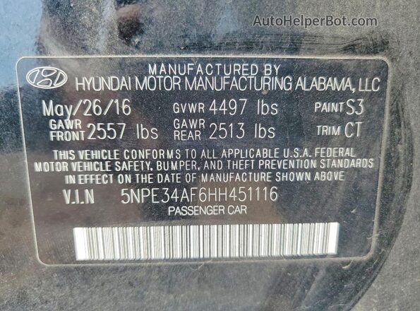5NPE34AF6HH451116 2017 HYUNDAI SONATA Black Widok komory silnika