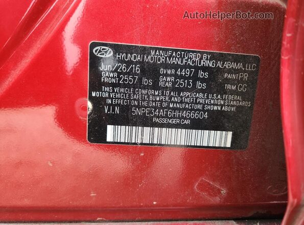5NPE34AF6HH466604 2017 HYUNDAI SONATA Red Engine compartment view