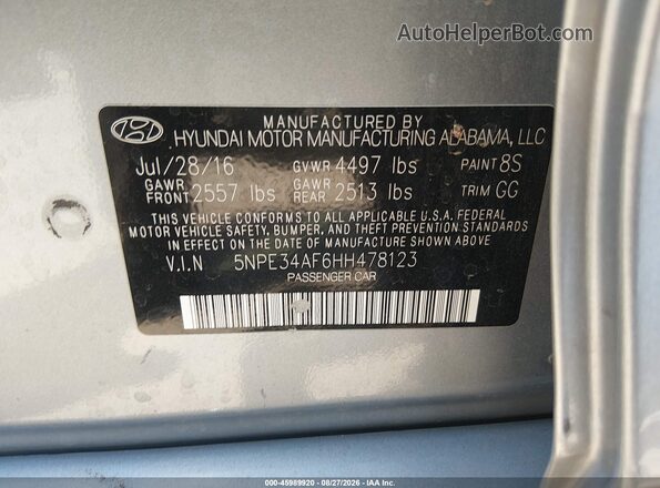 5NPE34AF6HH478123 2017 HYUNDAI SONATA Silver Engine compartment view