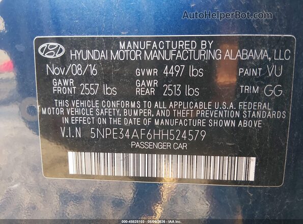 5NPE34AF6HH524579 2017 HYUNDAI SONATA Blue ძრავის განყოფილების ხედი