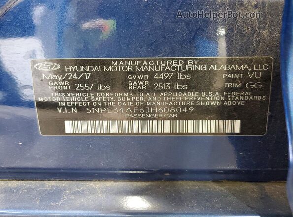 5NPE34AF6JH608049 2018 HYUNDAI SONATA Blue VIN sticker view