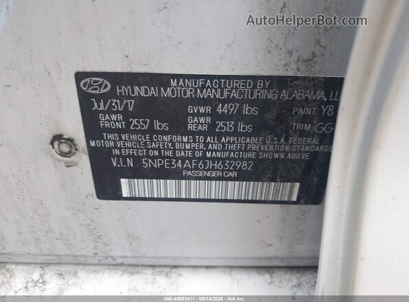 5NPE34AF6JH632982 2018 HYUNDAI SONATA Silver Widok komory silnika