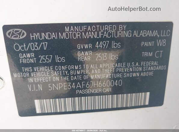 5NPE34AF6JH660040 2018 HYUNDAI SONATA White Շարժիչի բաժամունքի տեսք
