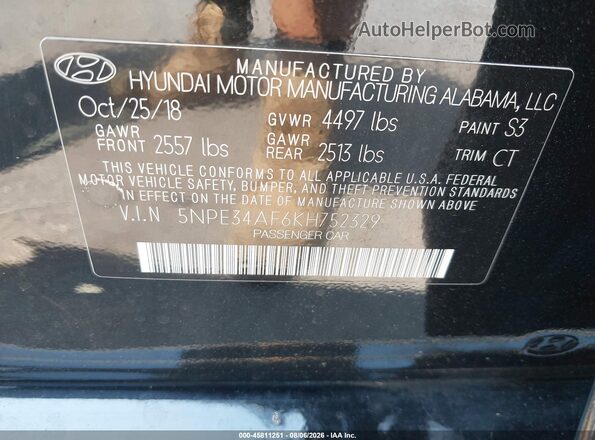 5NPE34AF6KH752329 2019 HYUNDAI SONATA Black Widok komory silnika
