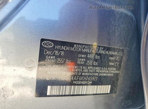 5NPE34AF6KH765971 2019 HYUNDAI SONATA Gray VIN sticker view