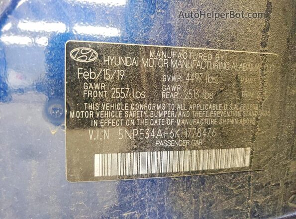 5NPE34AF6KH778476 2019 HYUNDAI SONATA Синий Вид подкапотного пространства