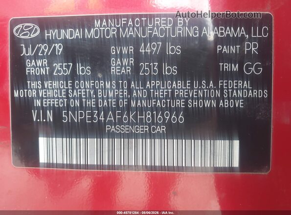 5NPE34AF6KH816966 2019 HYUNDAI SONATA Red Engine compartment view