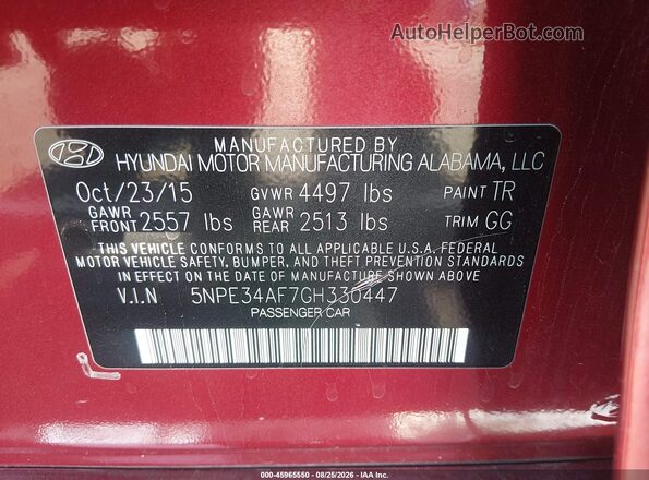5NPE34AF7GH330447 2016 HYUNDAI SONATA Красный Вид подкапотного пространства