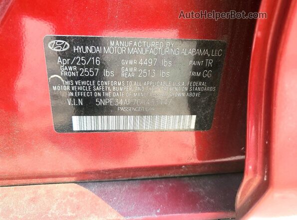 5NPE34AF7GH433447 2016 HYUNDAI SONATA Red Вид підкапотного простору