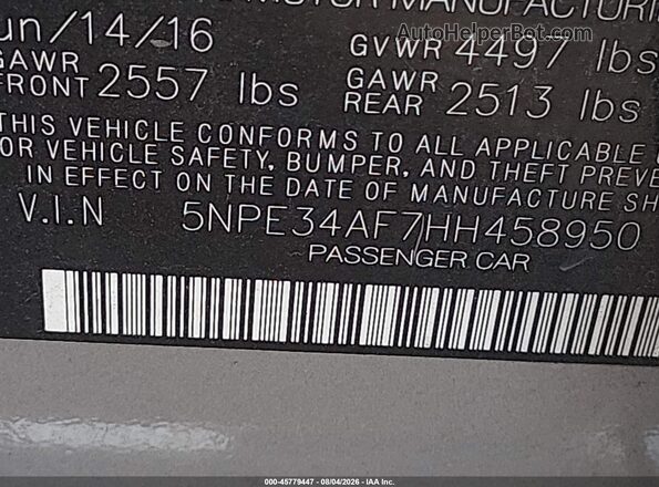 5NPE34AF7HH458950 2017 HYUNDAI SONATA Gray Widok komory silnika
