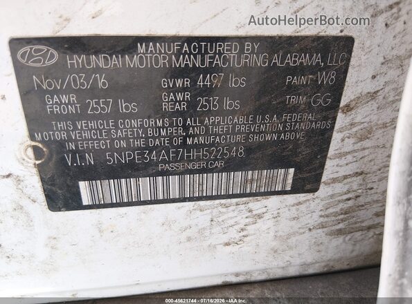 5NPE34AF7HH522548 2017 HYUNDAI SONATA White Vista del compartimento del motor