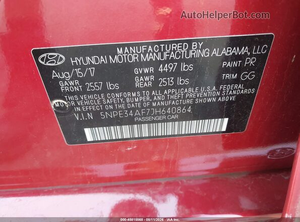 5NPE34AF7JH640864 2018 HYUNDAI SONATA Red Vista del compartimento del motor