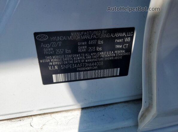 5NPE34AF7JH644008 2018 HYUNDAI SONATA White Vista del compartimento del motor