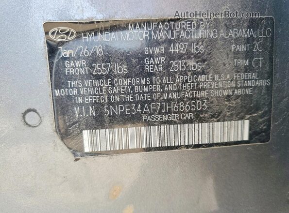 5NPE34AF7JH686503 2018 HYUNDAI SONATA Gray VIN կոդի պիտակի տեսք