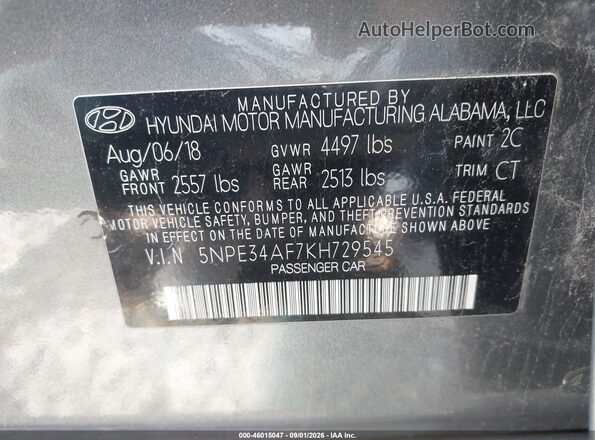5NPE34AF7KH729545 2019 HYUNDAI SONATA Gray Вид підкапотного простору
