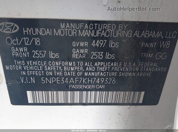 5NPE34AF7KH749326 2019 HYUNDAI SONATA White Շարժիչի բաժամունքի տեսք