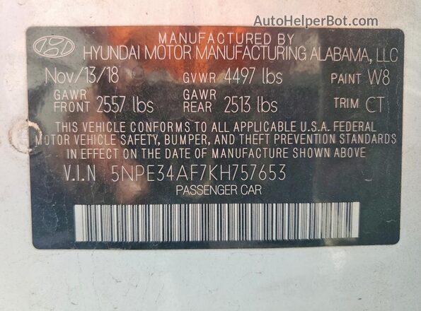 5NPE34AF7KH757653 2019 HYUNDAI SONATA White Widok komory silnika