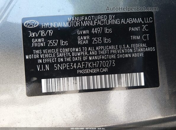 5NPE34AF7KH770273 2019 HYUNDAI SONATA Gray Widok komory silnika