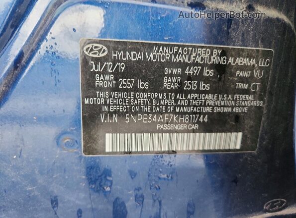 5NPE34AF7KH811744 2019 HYUNDAI SONATA Blue Engine compartment view