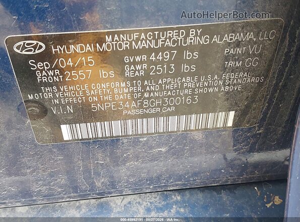 5NPE34AF8GH300163 2016 HYUNDAI SONATA Blue Engine compartment view