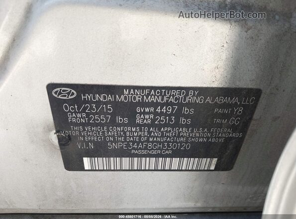 5NPE34AF8GH330120 2016 HYUNDAI SONATA Silver ძრავის განყოფილების ხედი