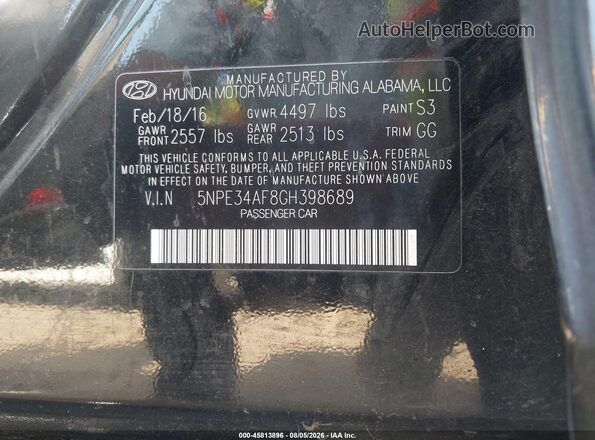 5NPE34AF8GH398689 2016 HYUNDAI SONATA Black Vista del compartimento del motor