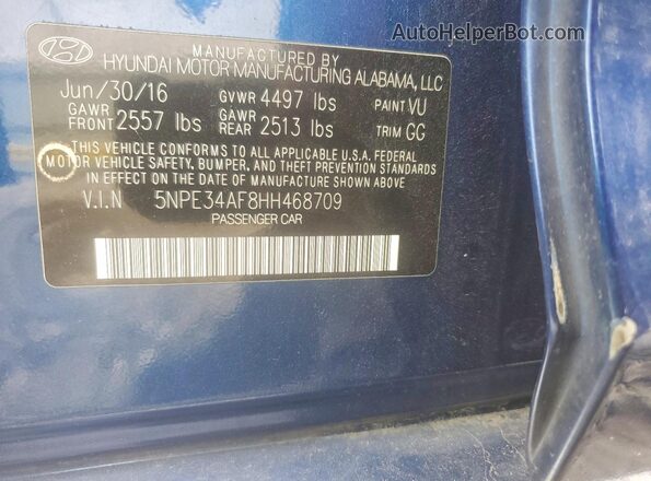 5NPE34AF8HH468709 2017 HYUNDAI SONATA Blue Widok komory silnika
