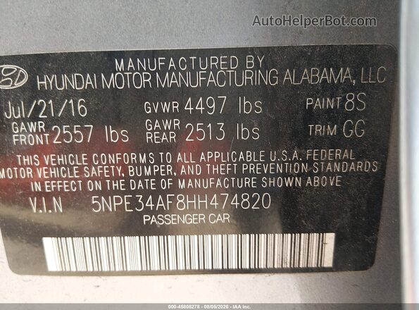 5NPE34AF8HH474820 2017 HYUNDAI SONATA Silver Widok komory silnika