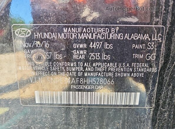 5NPE34AF8HH528066 2017 HYUNDAI SONATA Black Вид підкапотного простору