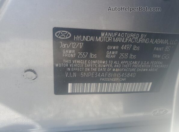 5NPE34AF8HH545840 2017 HYUNDAI SONATA Silver Vista del compartimento del motor